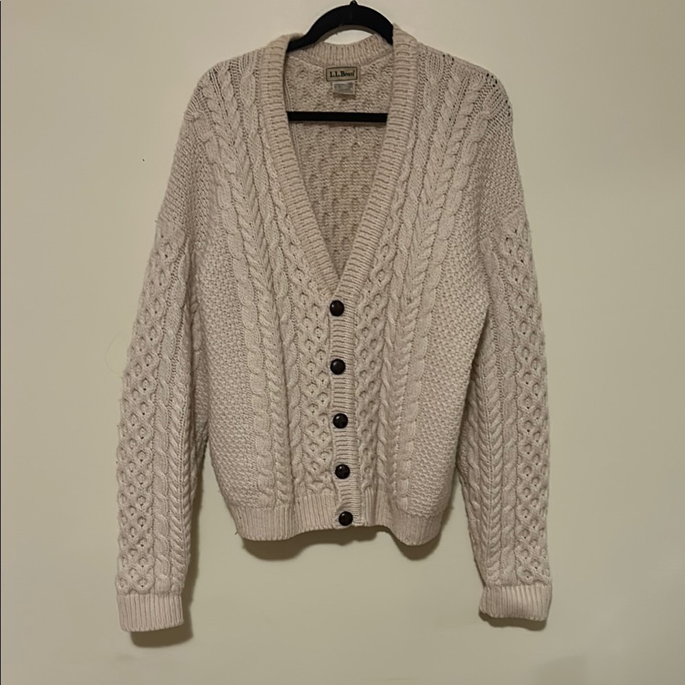 L.L. Bean Cream Cable Knit Cardigan Sweater